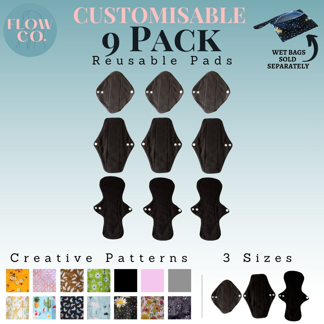 Fully Customisable 9 Pack Eco-Friendly Reusable Cloth Sanitary Pads